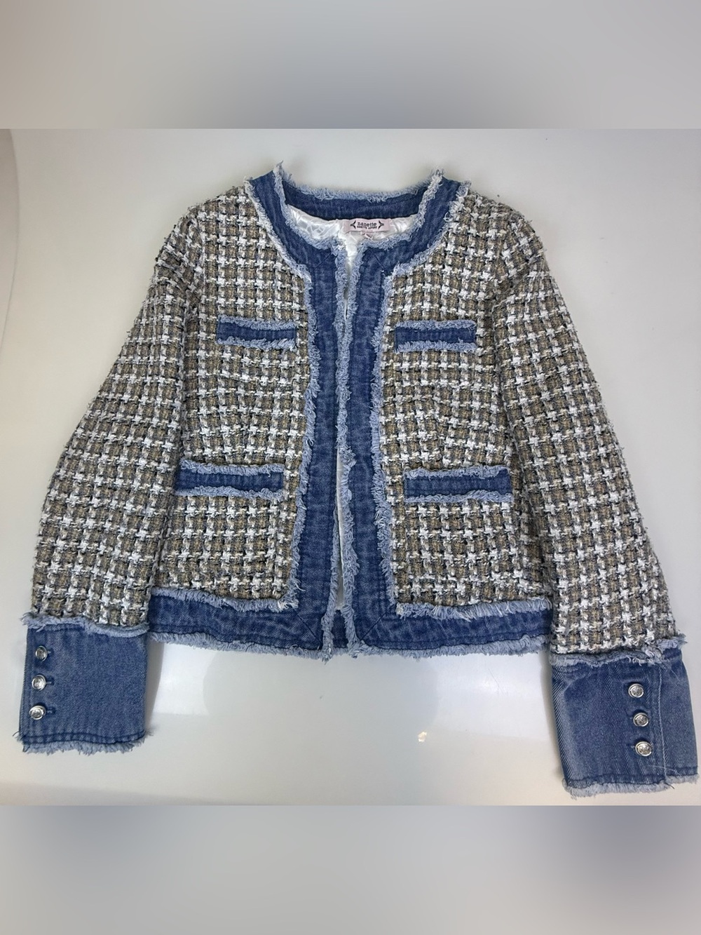 Nanette Lepore Tan & Blue Denim Trim Tweed Jacket J5-7